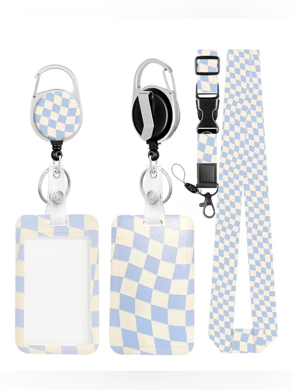 Amazon Blue & Cream Checkered Lanyard Set with Retractable Reel and ID Holder